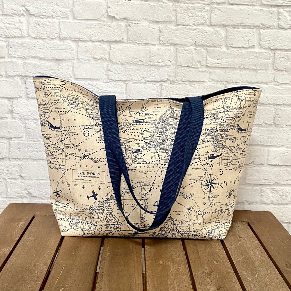 Handmade Foldable Travel/Market Tote - Denim Blue Airplane Map Print